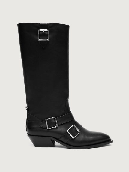 Black knee-high boot with silver buckles.