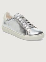 Silver sneaker with white sole.