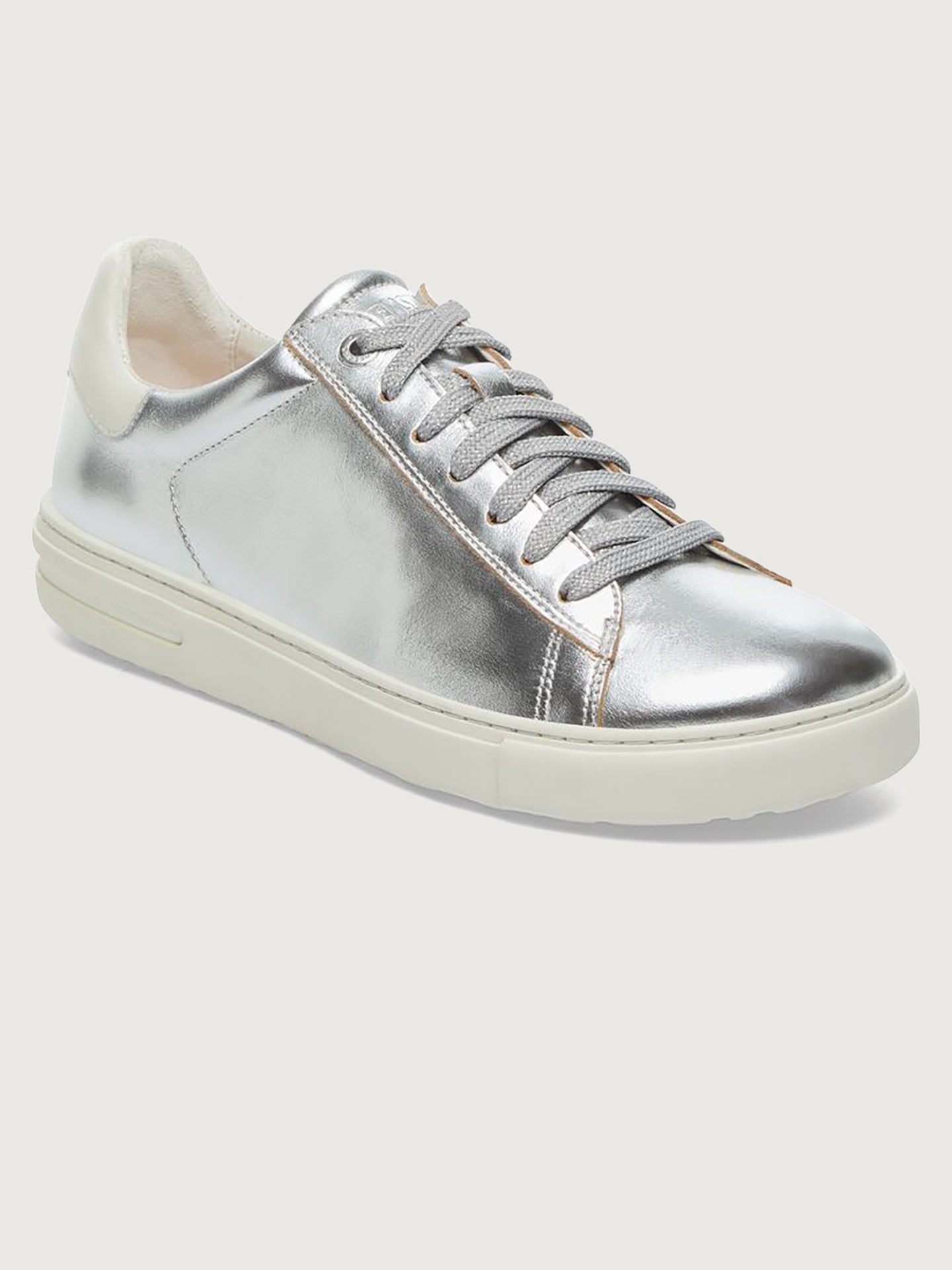BIRK-1030048-MTLCSILV-Bend-color-Metallic-Silver-Leather-Edit Silver sneaker with white sole.