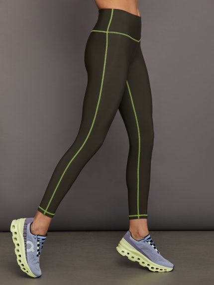 High Rise Legging with Fleece Back - Dark Olive/ Acid Lime
