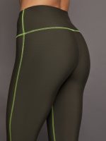 High Rise Legging with Fleece Back - Dark Olive/ Acid Lime - Image 3