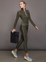 High Rise Legging with Fleece Back - Dark Olive/ Acid Lime - Image 6
