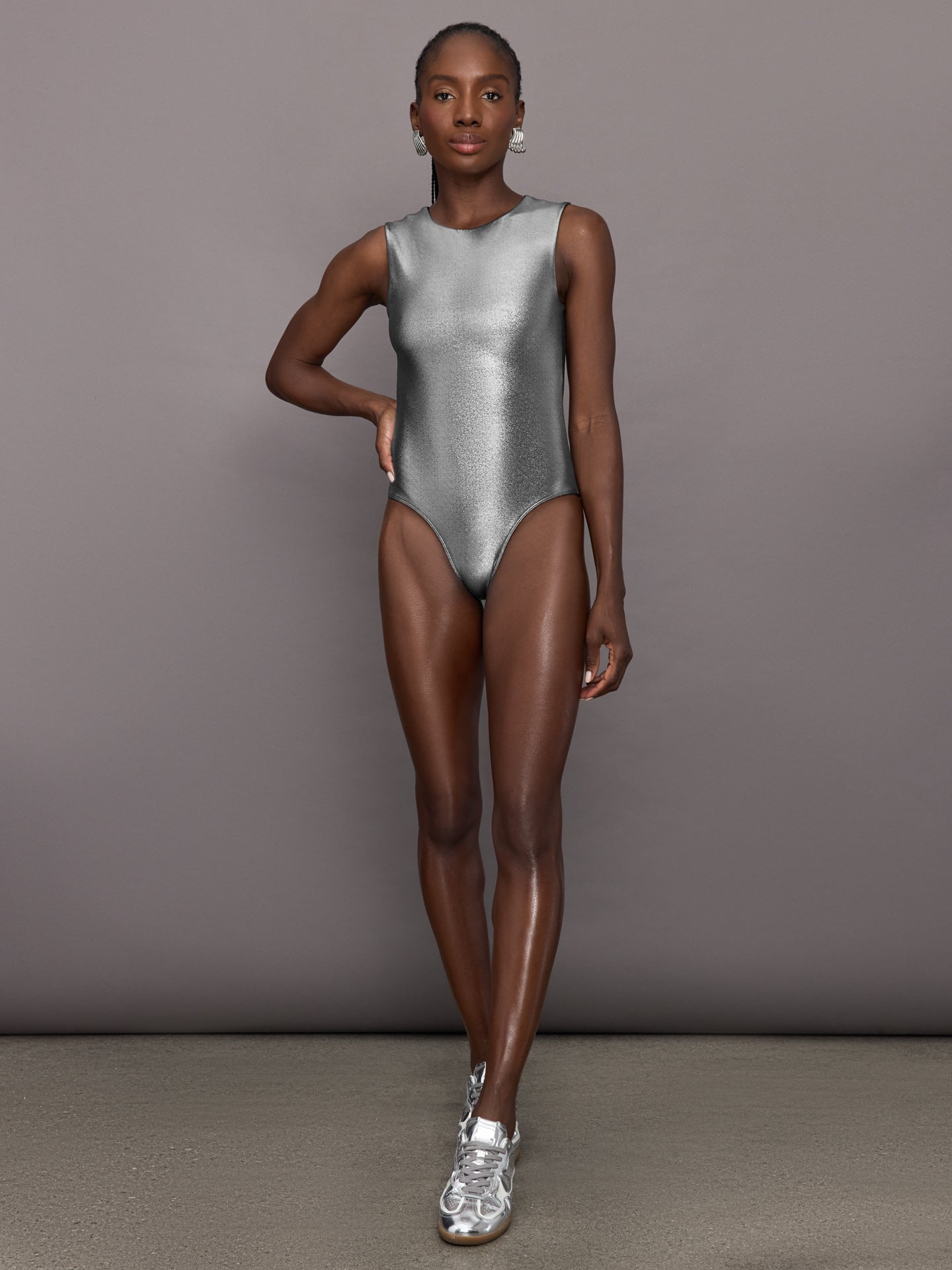CARB-YD438-MTLC-24HOL-Liquid-Metallic-Bodysuit-color-Silver_29940-Edit-Edit Liquid Metallic Bodysuit - Metallic Silver - Image 1