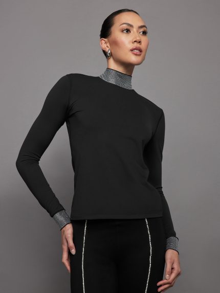 Long Sleeve Mock Neck Rhinestone Top - Black