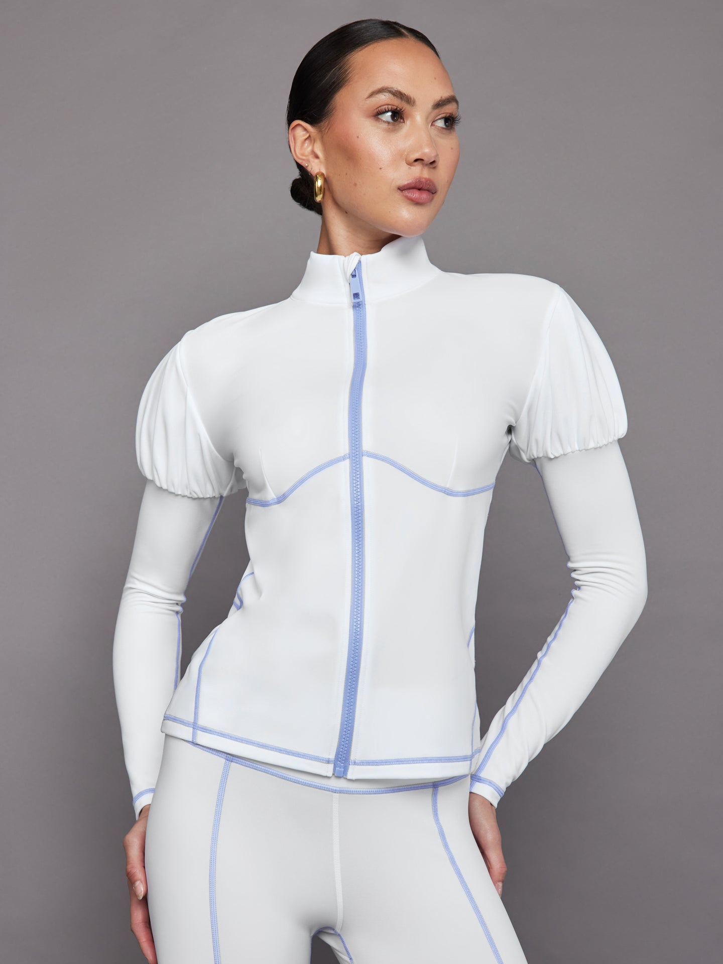CARB-YD6059-WHT-24SS-Puff-Sleeve-Full-Zip-Top-color-White-Sweet-Lavender_19003 Puff Sleeve Full Zip Top - White/ Sweet Lavender - Image 1
