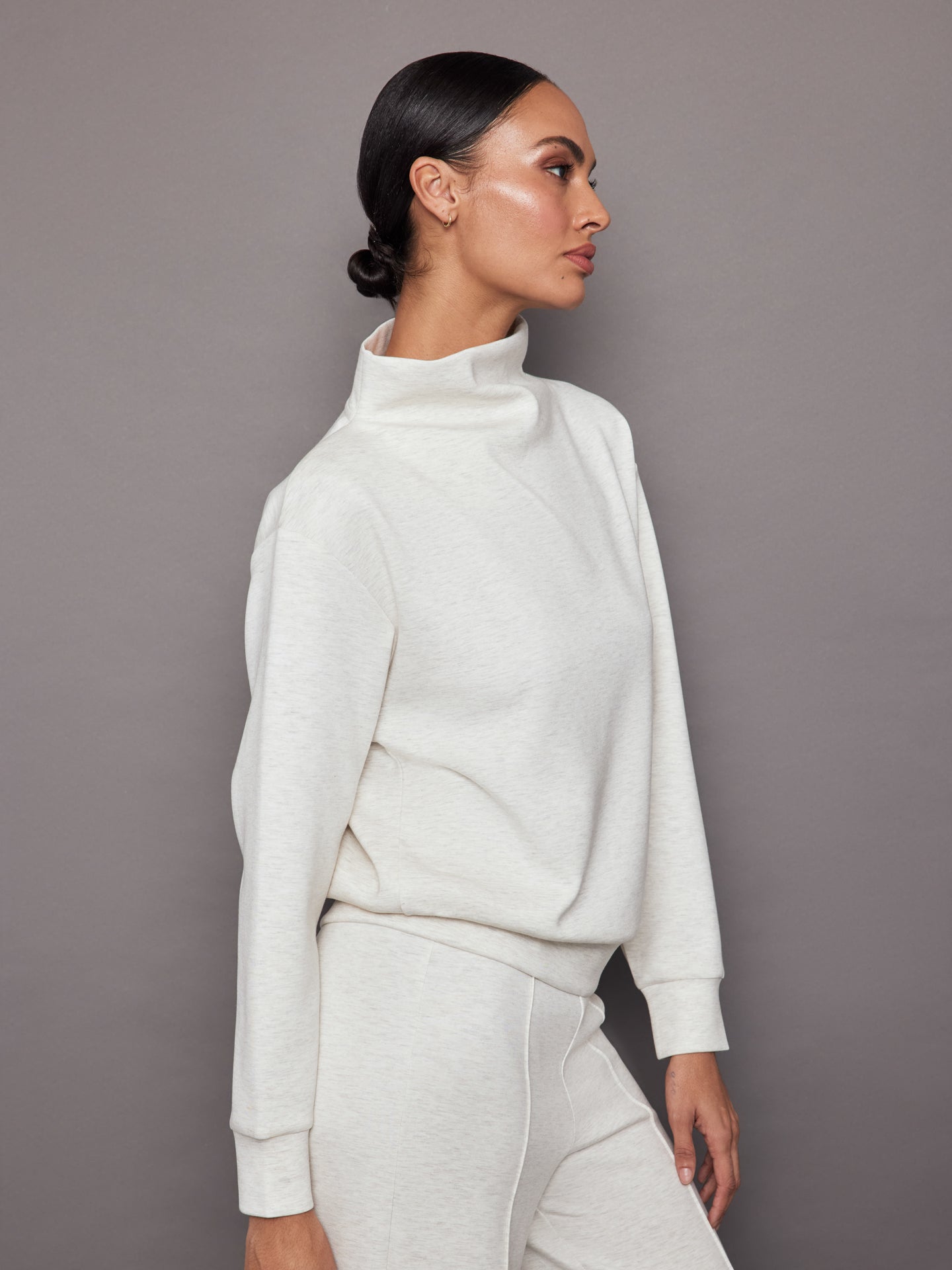 CARB-YD6065-NUDE-24SS-Cowl-Neck-Knit-Sweatshirt-color-Moonbeam-Heather_00587 Cowl Neck Knit Sweatshirt in Interlock - Moonbeam Heather - Image 1