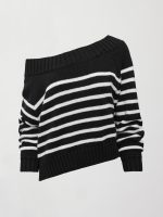 Slouchy Off Shoulder Sweater - Black / White Stripe - Image 10