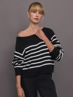 Slouchy Off Shoulder Sweater - Black / White Stripe