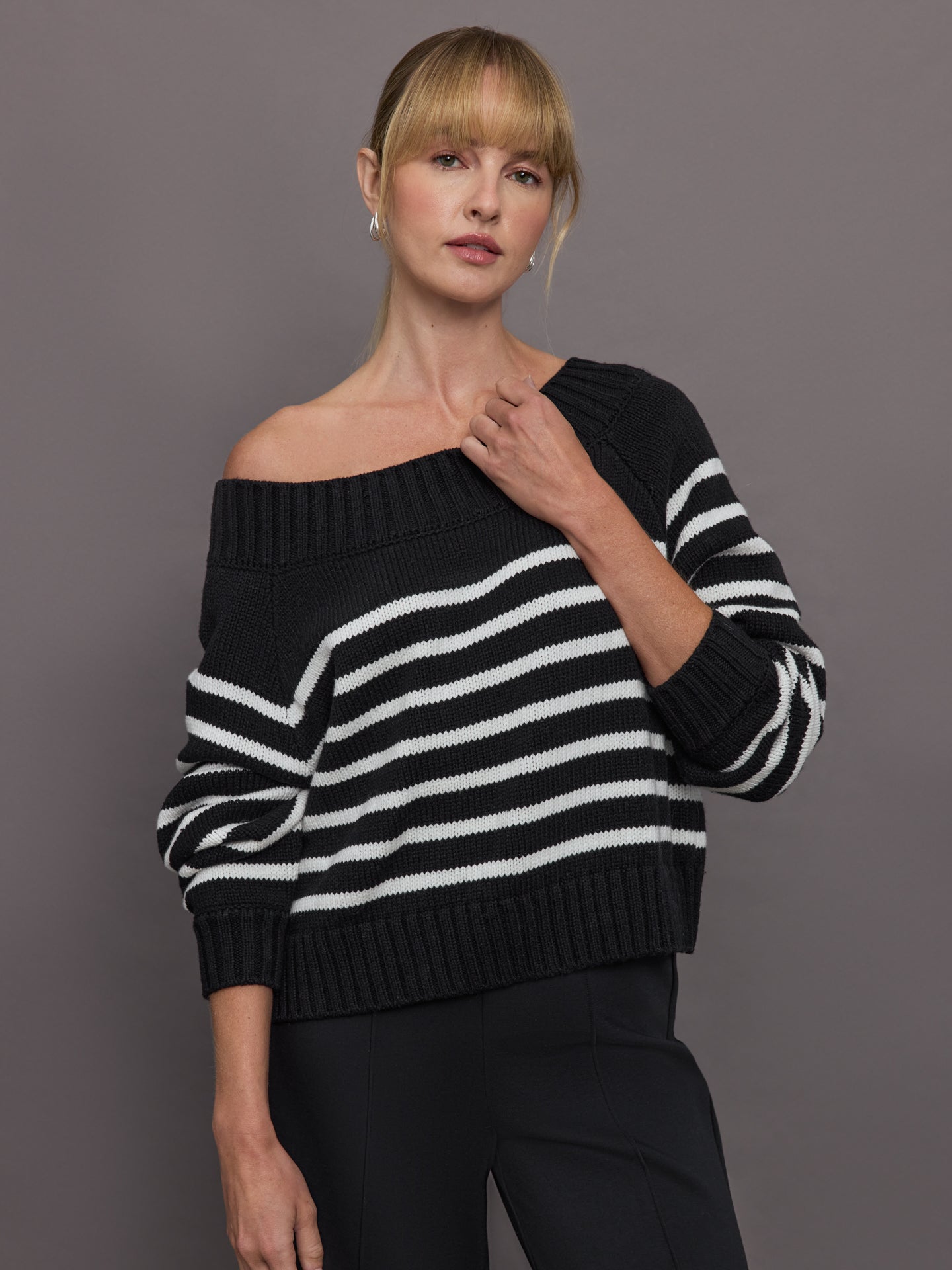 CARB-YD6066RS-BLKWHTSTRPE-24HOL-Wool-Blend-Striped-Slouchy-Knit-Sweater-color-Black-White-Stripe_21426-Edit Slouchy Off Shoulder Sweater - Black / White Stripe - Image 1
