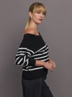 Slouchy Off Shoulder Sweater - Black / White Stripe - Image 4