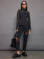 Laser Cut Zip L/S Run Top in Diamond Compression - Black - Image 6