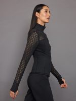 Laser Cut Zip L/S Run Top in Diamond Compression - Black - Image 5