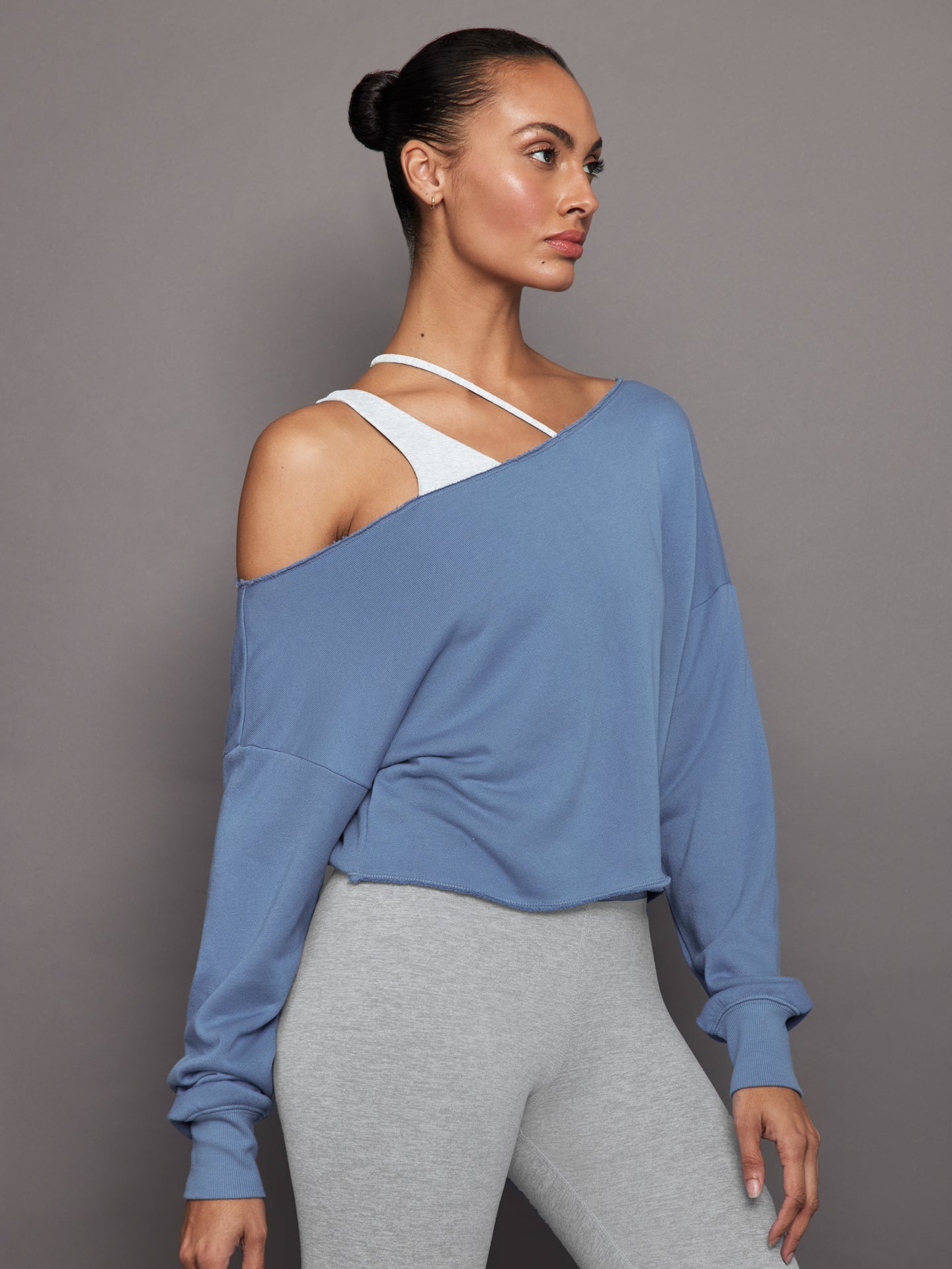 CARB-YD6088-QUIETHRBR-24SS-Off-Shoulder-Raw-Edge-Sweatshirt-in-french-terry-color-Quiet-Harbor_35938 Off Shoulder Raw Edge Sweatshirt in French Terry - Quiet Harbor - Image 1