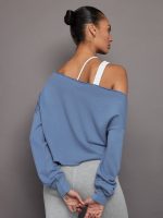 Off Shoulder Raw Edge Sweatshirt in French Terry - Quiet Harbor - Image 4