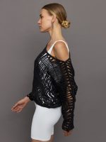 Crochet Off Shoulder Sweater - Black - Image 4