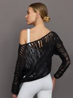 Crochet Off Shoulder Sweater - Black - Image 3