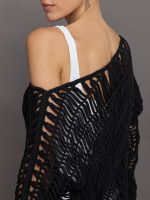 Crochet Off Shoulder Sweater - Black - Image 5