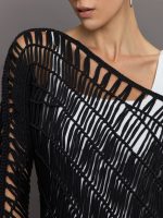 Crochet Off Shoulder Sweater - Black - Image 6