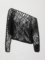 Crochet Off Shoulder Sweater - Black - Image 8