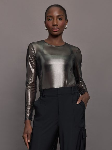 Silver Mesh Long Sleeve Top - Grey Mesh