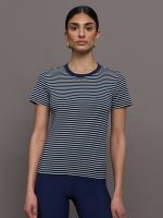 Model wears a navy and white horizontal striped short sleeve ringer tee.