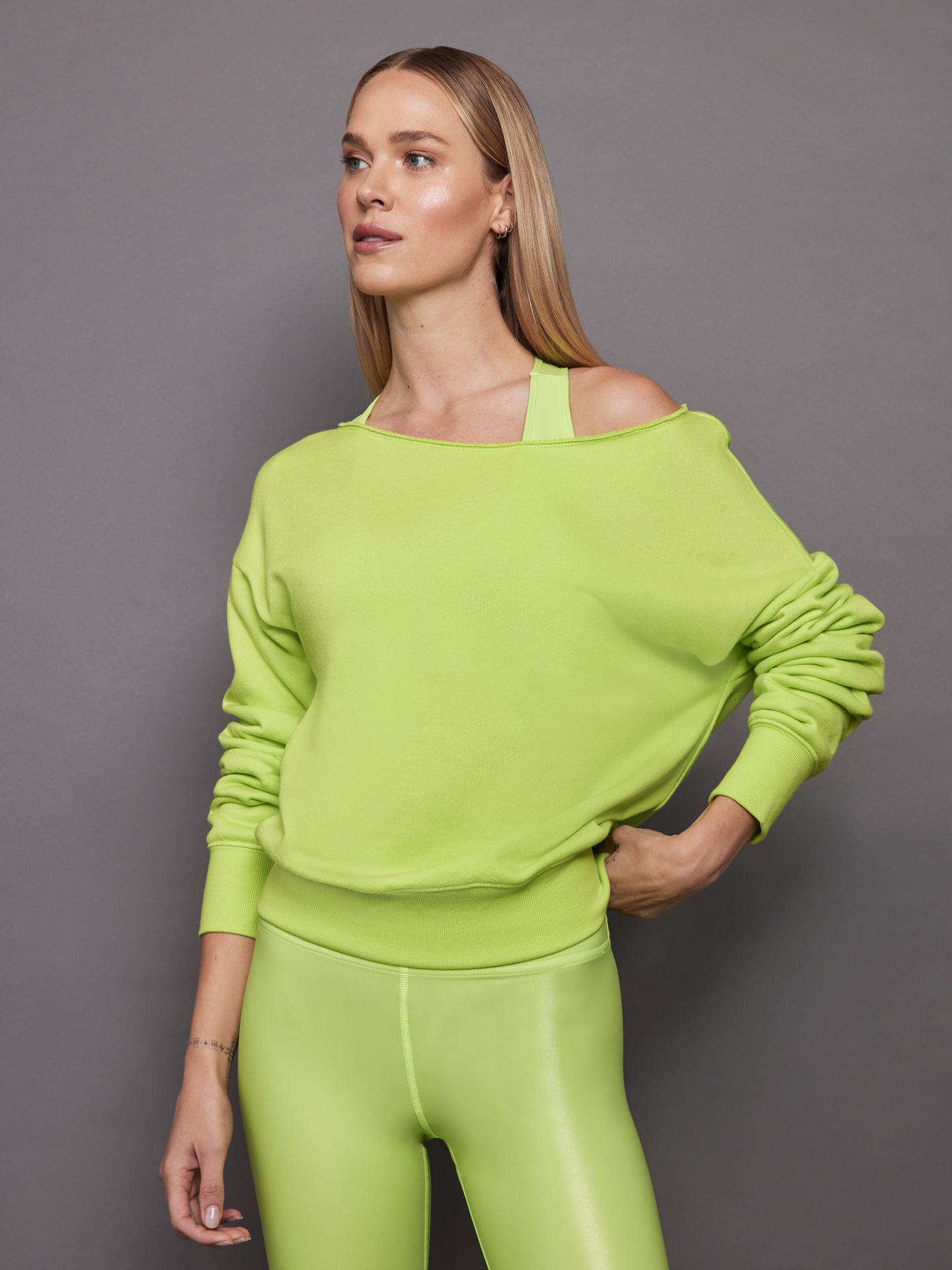CARB-YD615F-GRN-24SS-Off-Shoulder-Sweatshirt-color-Acid-Lime_25490 Off Shoulder Sweatshirt in French Terry - Acid Lime - Image 1