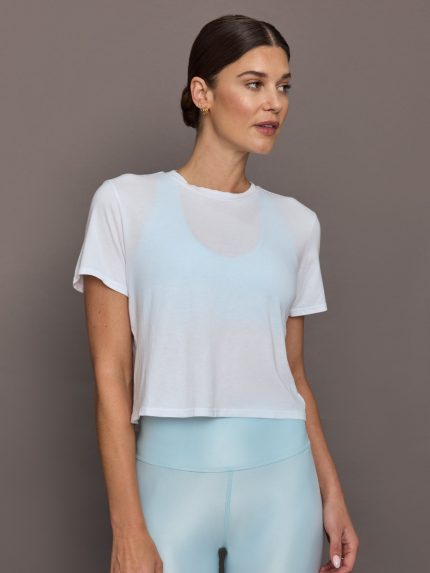 Model wears a cropped boxy white sheer tee shirt.