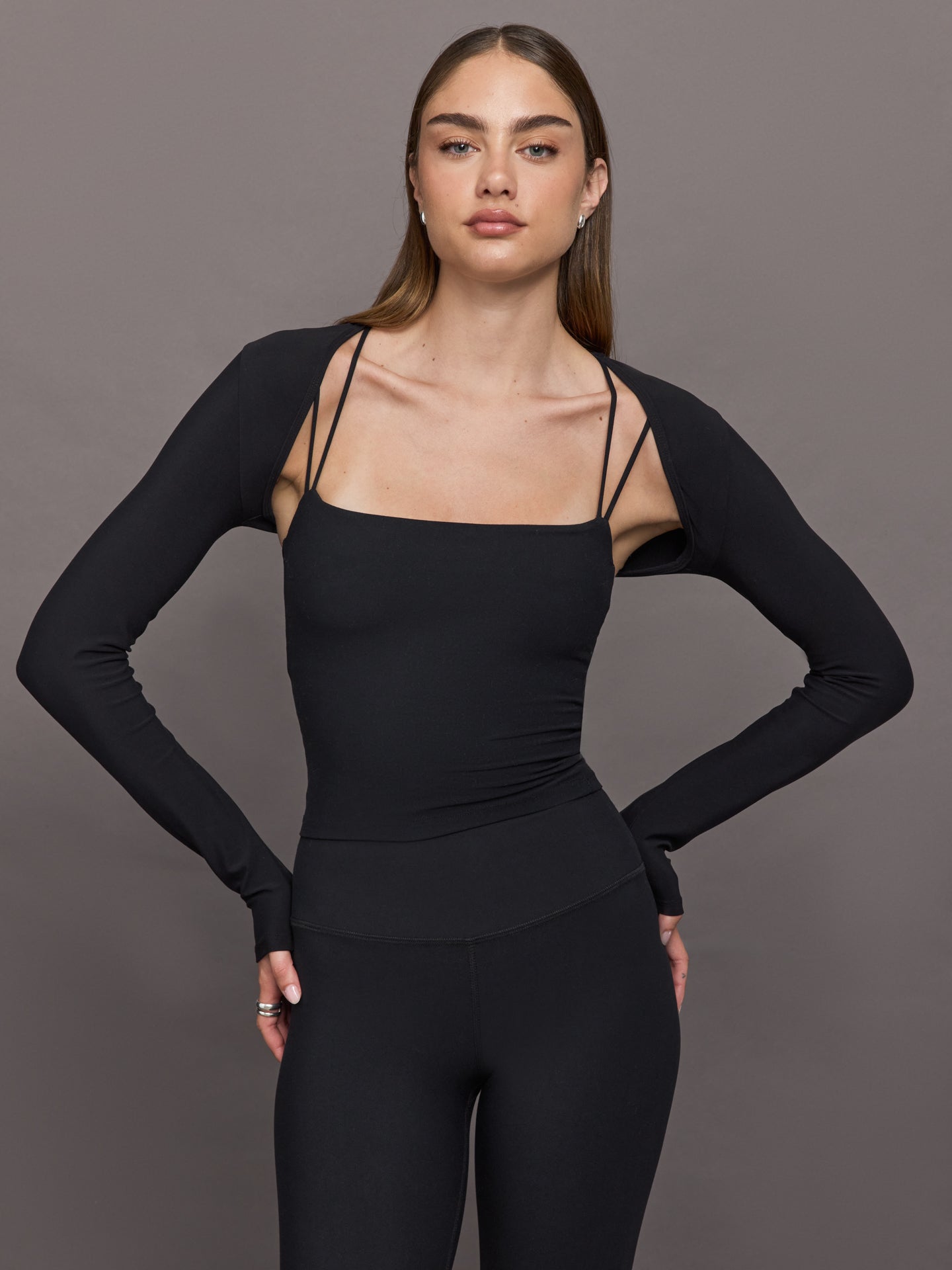 CARB-YD6178-BLK-25FAL-Melt-Active-Shrug-color-Black_00049-Edit Long Sleeve Active Shrug in Melt - Black - Image 1