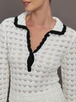 Crochet Long Sleeve Polo Top - Ivory - Image 6