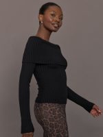 Off Shoulder Fold Over Sweater - Black - Image 4