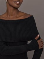 Off Shoulder Fold Over Sweater - Black - Image 6