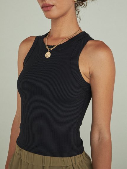 High Neck Ribbed Tank - Black