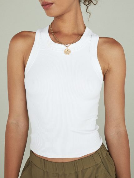 High Neck Ribbed Tank - White