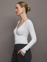 Long Sleeve Wrap Top in Ribbed Jersey - White - Image 4