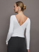 Long Sleeve Wrap Top in Ribbed Jersey - White - Image 5