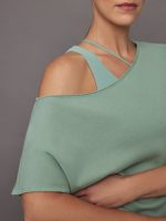 Short Sleeve Off Shoulder Sweatshirt in French Terry - Granite Green - Image 6