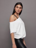 Short Sleeve Off Shoulder Sweatshirt in French Terry - White - Image 3