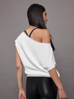 Short Sleeve Off Shoulder Sweatshirt in French Terry - White - Image 4