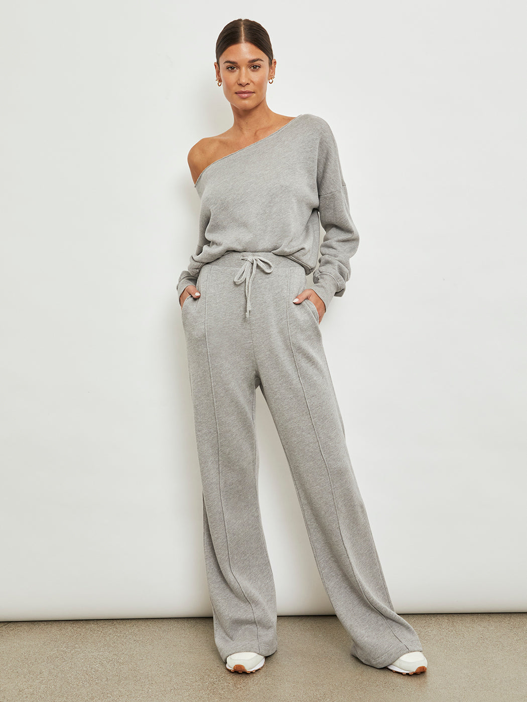 CARB-YD804-GREY-22FAL-WideLegPintuckSweatpant-color-Heather-Grey9042_6d12be81-8d1c-4e2c-91f4-400bd6b4975e Wide Leg Pintuck Sweatpant in French Terry - Heather Grey - Image 1