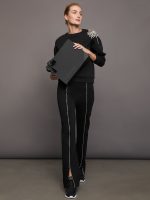 Rhinestone Front Slit Sweatpant - Black - Image 8