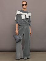 Wide Leg Pant in Velour - Charcoal Grey - Image 3