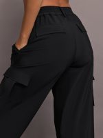 Stretch Woven Wide Leg Cargo Pant - Black - Image 3