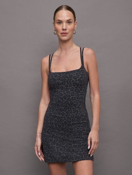 Charcoal leopard print athleisure dress hitting at mid thigh with double spaghetti straps. 