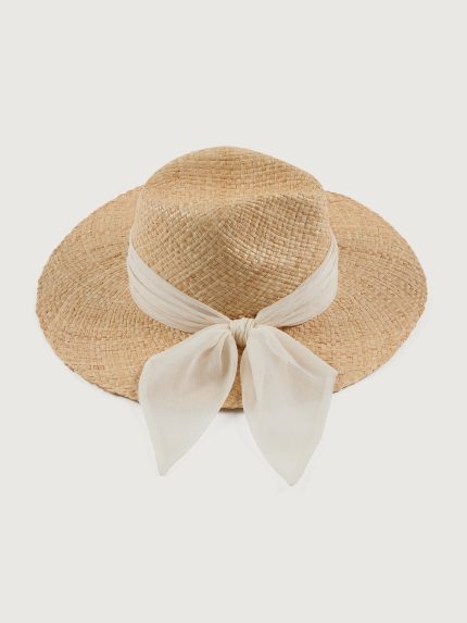 Wide-brim Emmanuelle in natural raffia hat with a light chiffon band.