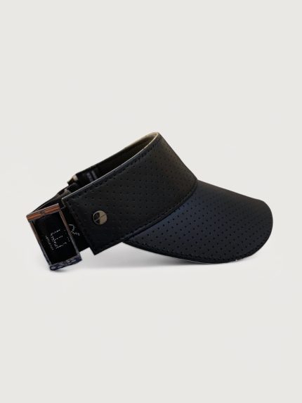 A black mesh textured shiny visor with a thick black strap that says Fenix Sportier.