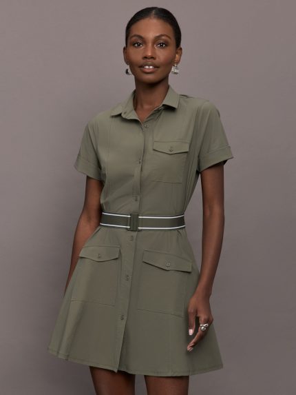Model wearing an olive green button-front dress. 