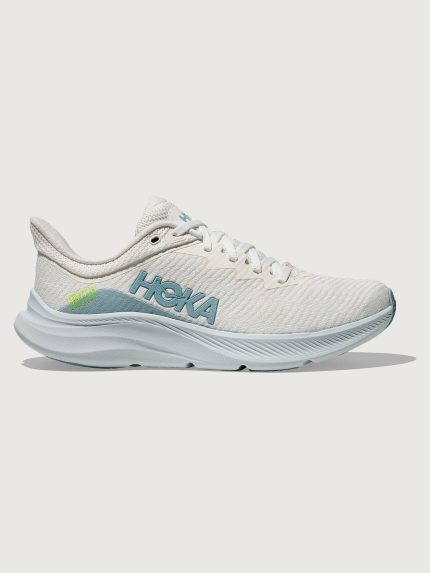 White HOKA running shoe with blue logo and accents on a white background