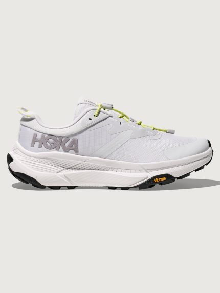 Grey/silver Hoka running shoe.