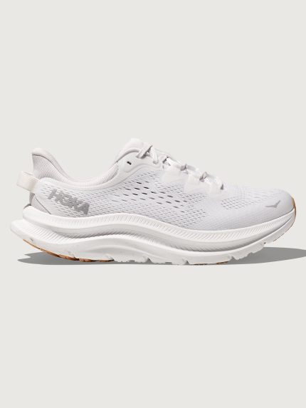 White HOKA running sneakers with a mesh upper and a rubber outsole.