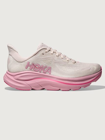 Pink Hoka running shoe with chunky sole.